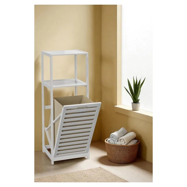 Digithome Bambu Beyaz Mat Lake Kirli Sepetli 2 Raflı Banyo Düzenleyici Çamaşır Sepeti DB-0020 - Görsel 10
