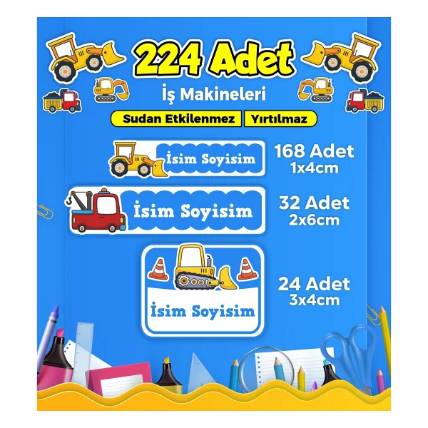 Sb Store İş Makineleri Okul Kreş İsim Etiketi Kalem Defter Özel İsim Yazılabilen Etiket Seti Model 7 - 224 Adet - Görsel 5