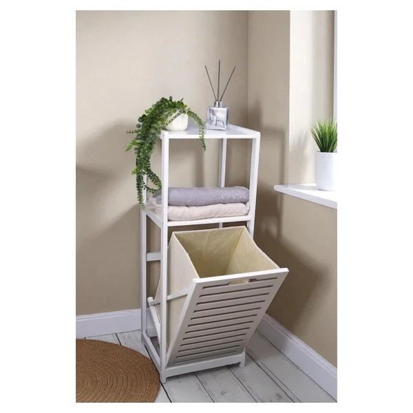 Digithome Bambu Beyaz Mat Lake Kirli Sepetli 2 Raflı Banyo Düzenleyici Çamaşır Sepeti Db-0020 - Görsel 5
