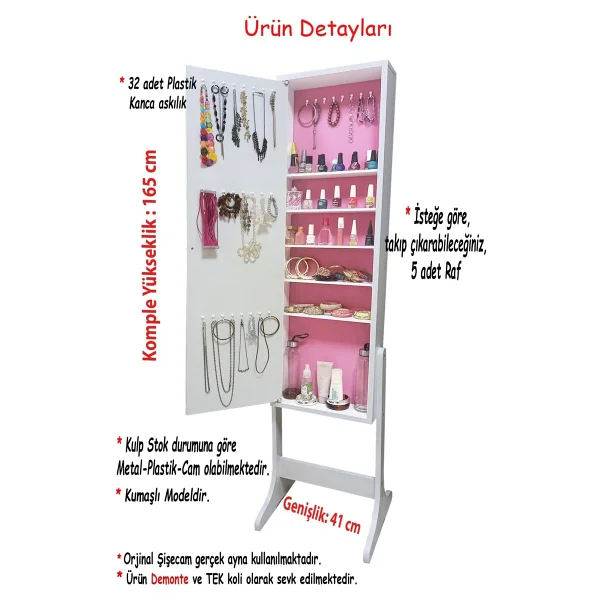Yıldız -Yk- Demonte Ayaklı Aynalı Takı Dolabı Hediyelik Çok Amaçlı G-Beyaz K-Pembe - Görsel 3