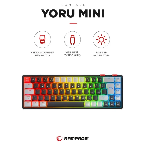 Rampage Yoru Mini Gri-Siyah RGB Tkl Red Switch Kablolu Mekanik Oyuncu Klavyesi - Görsel 7