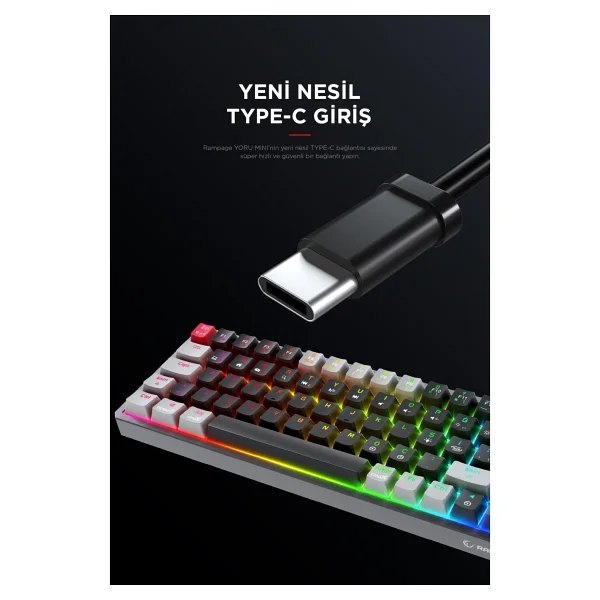 Rampage Yoru Mini Siyah-Gri RGB Tkl Red Switch Kablolu Mekanik Oyuncu Klavyesi - Görsel 2