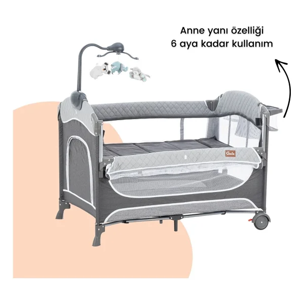 Gulz Atlas Plus Anne Yanı Sallanır Cibinlikli Dönenceli Oyun Parkı Park Yatak Bebek Beşik 70 X 110 Cm - Dark Gray - Görsel 2