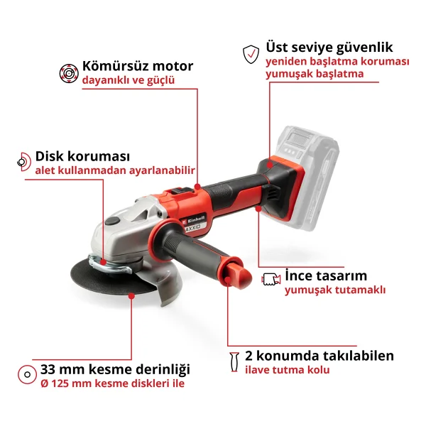 Einhell Professional Akülü Avuç Taşlama Axxıo 18/125 Power X-Change (18 V, 700 W, 125 Mm Disk Ø, 33 Mm Kesme Derinliği, Kömürsüz, Yumuşak Başlangıç, Kesme Diski Ve Akü Dahil Değildir) - 4431140 - Görsel 2