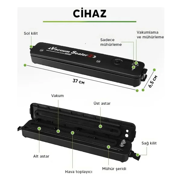 Vacuum Sealer Gıda Mühürleme Vakum Makinesi- Yiyecek Tazeliği Koruma Ev Ve Restoran- 10 Adet Poşet Hediyeli - Görsel 3