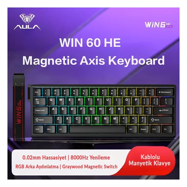 Aula Win60 He Manyetik Klavye Rapid Trigger Graywood Switch 8000hz RGB Tkl Hot Swap Oyuncu Klavyesi Siyah - Görsel 2