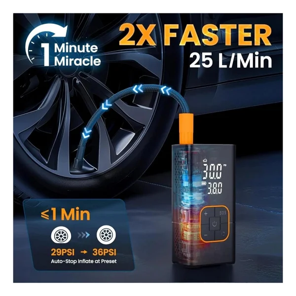 Schulzz Dijital Kablosuz USB 2x2000mah Göstergeli Oto Lastik, Bisiklet Hava Pompası Kompresörü - Görsel 3