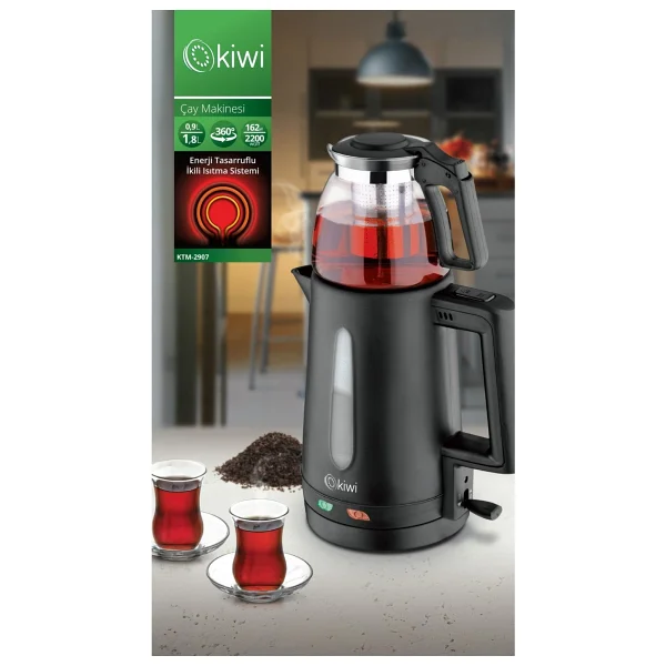 Kiwi 1.8 L Çay Makinesi - Cam Demlik, Paslanmaz Çelik Gövde, Siyah Renk, Hızlı Demleme Ve Enerji Tasarrufu Özellikleriyle - Görsel 2
