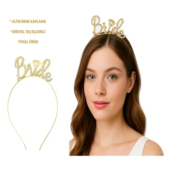 Nessiworld Altın Renkli Taşlı "Bride" Gelin Tacı - El Yazısı Yazı Tipiyle - Görsel 2