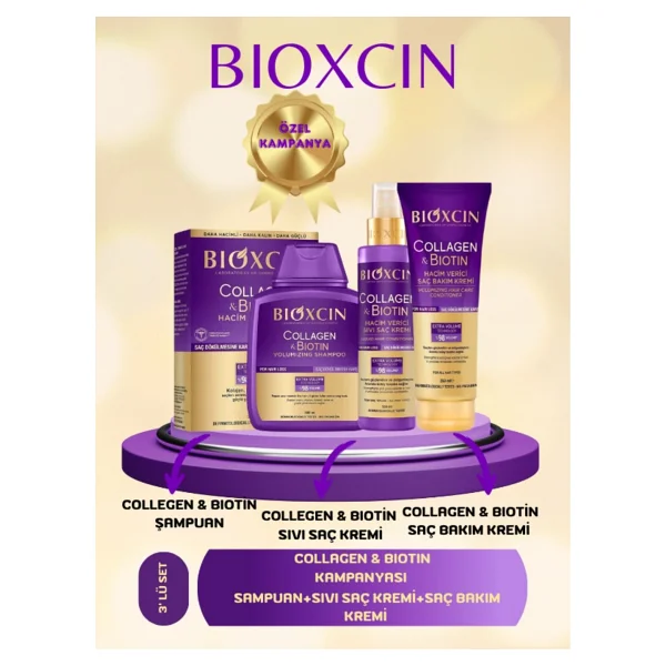 Bioxcin Collagen & Biotin Hacim Şampuanı 300 Ml + Saç Kremi 250 Ml + Sıvı Saç Kremi 150 Ml 3'lü Set - Görsel 2