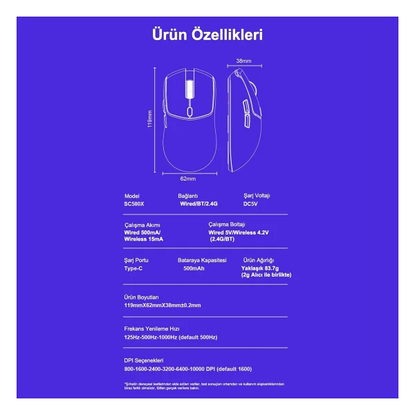 Aula Sc580x Lightweight Beyaz Şarjlı Makrolu Ergonomik Optik Kablolu/Kablosuz Oyuncu Mouse - Görsel 8