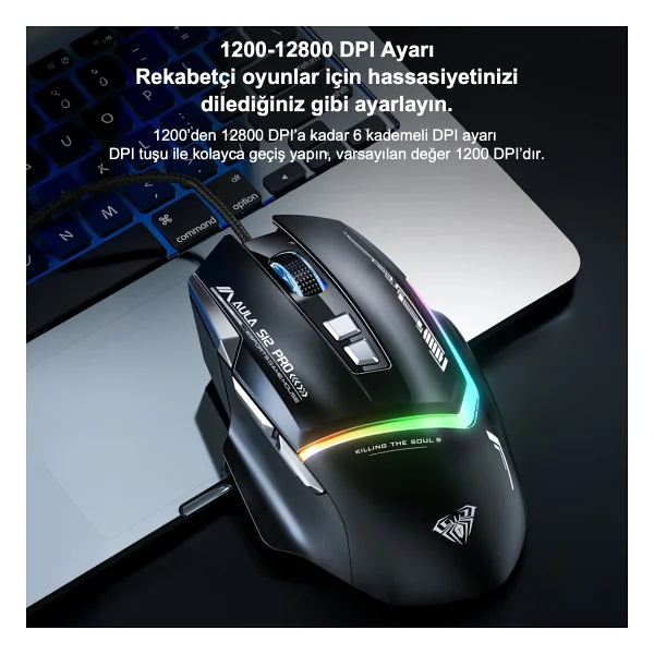 Aula S12 Pro Siyah Makrolu Ergonomik Optik Kablolu Oyuncu Mouse - Görsel 6