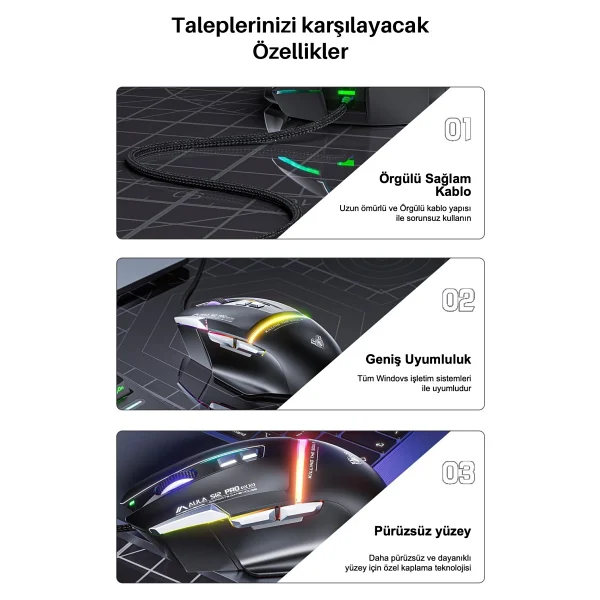 Aula S12 Pro Siyah Makrolu Ergonomik Optik Kablolu Oyuncu Mouse - Görsel 8