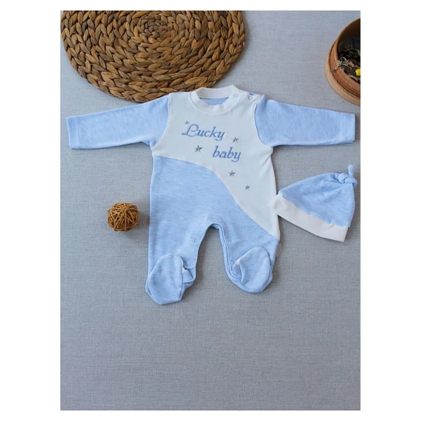 0-3 3-6 Ay Lucky Baby Nakışlı Es Çizgi Boy Şapkalı Erkek Bebek Tulumu - Mavi - Görsel 5