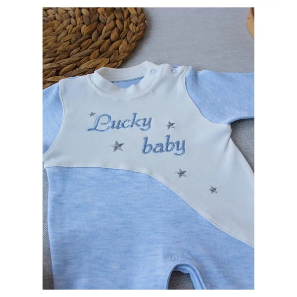 0-3 3-6 Ay Lucky Baby Nakışlı Es Çizgi Boy Şapkalı Erkek Bebek Tulumu - Mavi - Görsel 2