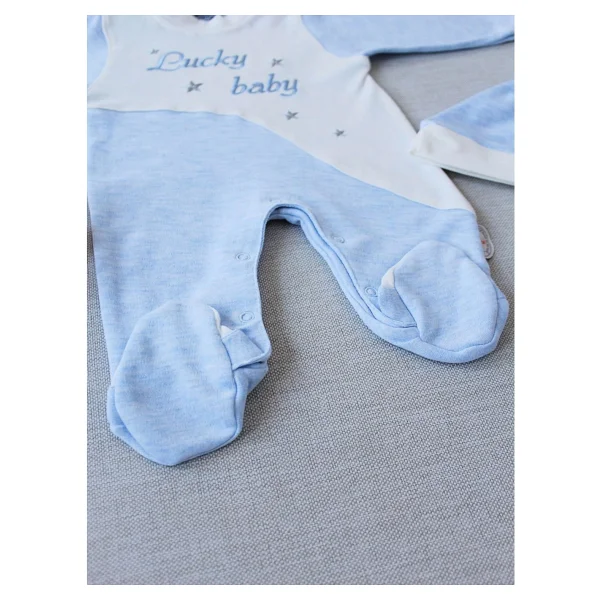 0-3 3-6 Ay Lucky Baby Nakışlı Es Çizgi Boy Şapkalı Erkek Bebek Tulumu - Mavi - Görsel 3