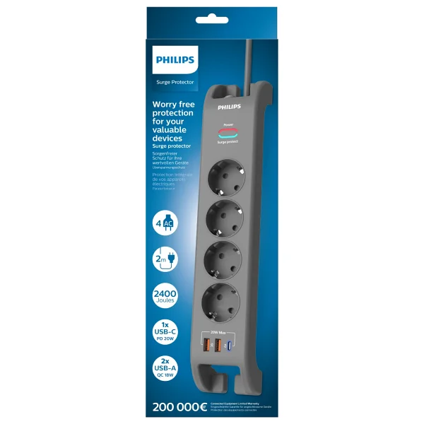 Philips Spn4140ga 2400 Joule Type-C Usb'li 2 M 4'lü Akım Korumalı Priz - Görsel 2