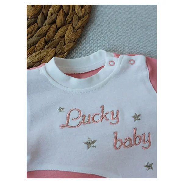 0-3 3-6 Ay Lucky Baby Nakışlı Es Çizgi Boy Şapkalı Kız Bebek Tulumu Pudra - Görsel 2