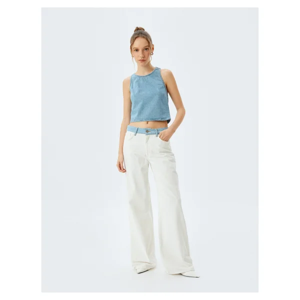Koton Crop Kolsuz Sırt Detaylı Bisiklet Yaka Denim Atlet - Mavi - Görsel 2