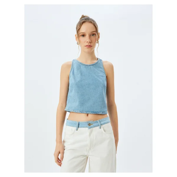 Koton Crop Kolsuz Sırt Detaylı Bisiklet Yaka Denim Atlet - Mavi - Görsel 3