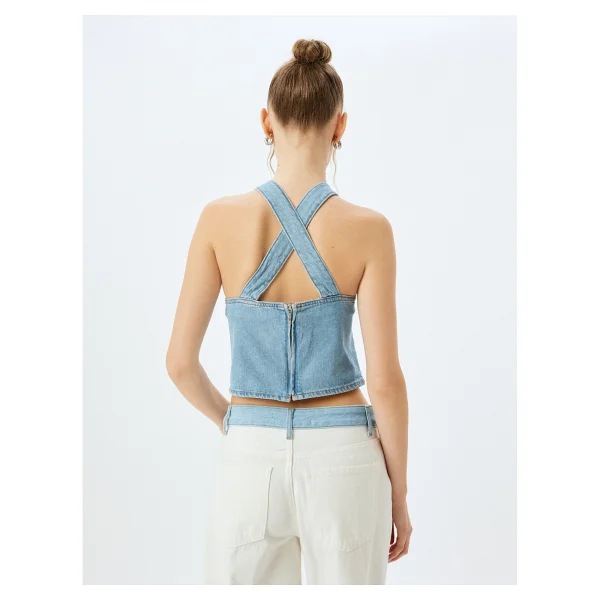 Koton Crop Kolsuz Sırt Detaylı Bisiklet Yaka Denim Atlet - Mavi - Görsel 4