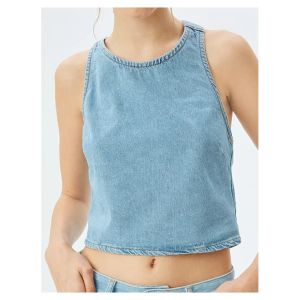 Koton Crop Kolsuz Sırt Detaylı Bisiklet Yaka Denim Atlet - Mavi - Görsel 5