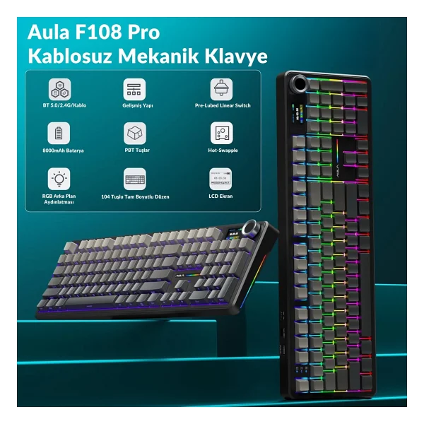 Aula F108 Pro Ekranlı Mekanik Klavye Zephyr Switch RGB Hot Swap 8000mah Makrolu Oyuncu Klavyesi Gri - Görsel 2