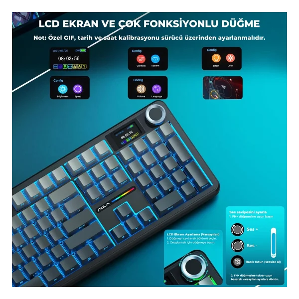 Aula F108 Pro Ekranlı Mekanik Klavye Zephyr Switch RGB Hot Swap 8000mah Makrolu Oyuncu Klavyesi Gri - Görsel 3
