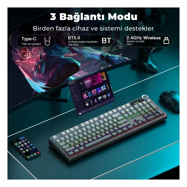 Aula F108 Pro Ekranlı Mekanik Klavye Zephyr Switch RGB Hot Swap 8000mah Makrolu Oyuncu Klavyesi Gri - Görsel 4