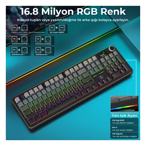 Aula F108 Pro Ekranlı Mekanik Klavye Zephyr Switch RGB Hot Swap 8000mah Makrolu Oyuncu Klavyesi Gri - Görsel 5