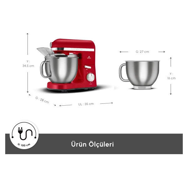 Karaca Mastermaid Chef Pro Çift Kollu 1750 W 5 Lt Kırmızı Stand Mikser - Görsel 2