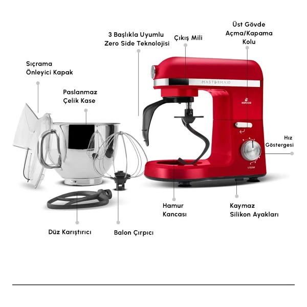 Karaca Mastermaid Chef Pro Çift Kollu 1750 W 5 Lt Kırmızı Stand Mikser - Görsel 3