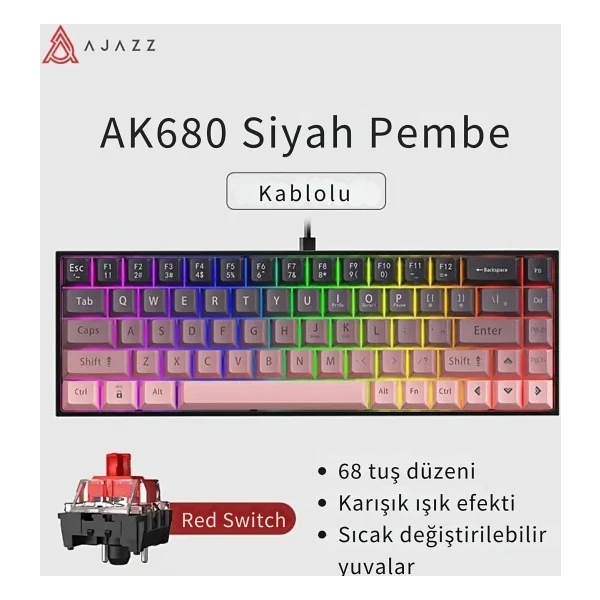 Ajazz AK680 Pembe %65 TKL Red Switch Kablolu Mekanik Oyuncu Klavyesi