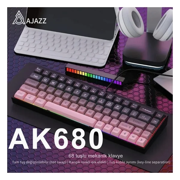 Ajazz Ak680 Pembe %65 Tkl Red Switch Kablolu Mekanik Oyuncu Klavyesi - Görsel 8
