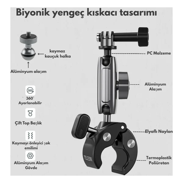 Telesın Motosiklet Gidonu Bisiklet Montaj Kelepçeleri İçin Gopro Hero 13 12 11 10 9 Djı Osmo Action 5 Pro 4 3 Insta360,360° Çift Top Başlı Kelepçe Tutucu 1/4-20 Mm Kamera Ve Telefon İçin Adaptör - Görsel 7