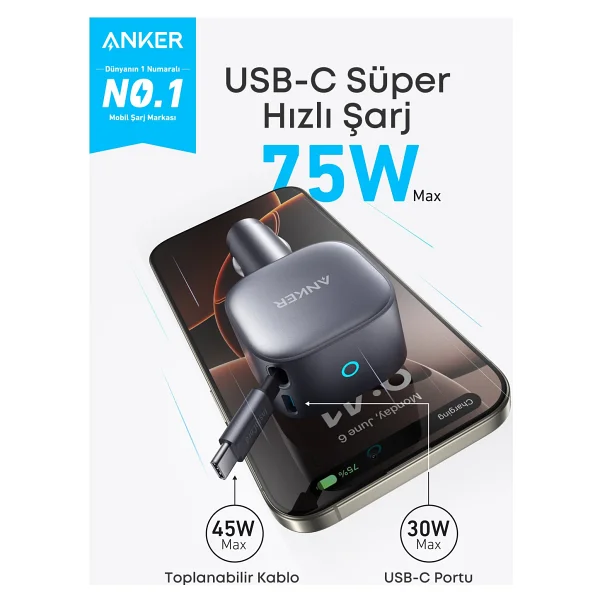 Anker Nano A2738 75 W Type-C Kablolu Hızlı Araç Şarj Aleti - Görsel 2