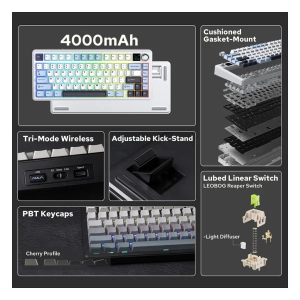 Aula F75 Max Lacivert RGB %75 Tkl Reaper Switch Kablolu/Kablosuz Mekanik Oyuncu Klavyesi - Görsel 3