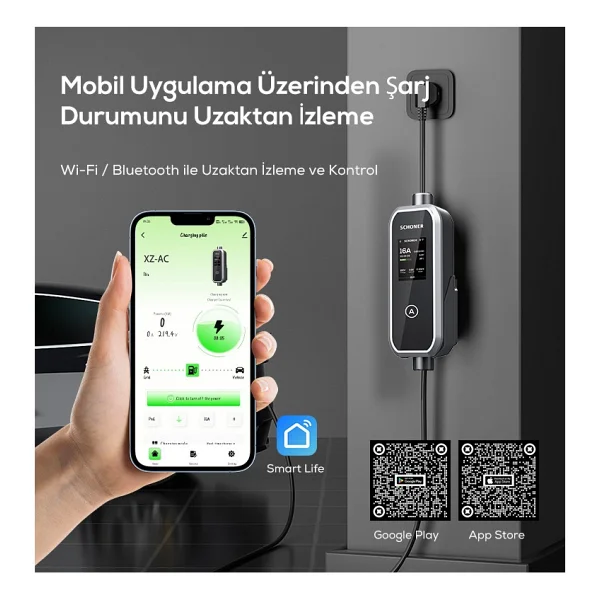 Schoner 3.5kw Taşınabilir Elektrikli Araç Şarj Istasyonu -Tak Ve Şarj Et- Wi-Fi / Bluetooth Smart 5 Metre Tip2 Kablolu - Görsel 3