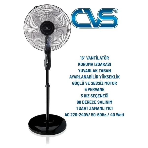 CVS 16 İnç Ayaklı Vantilatör 40 W Güçlü Hava Akışı ile Siyah Modern Tasarım - Görsel 4