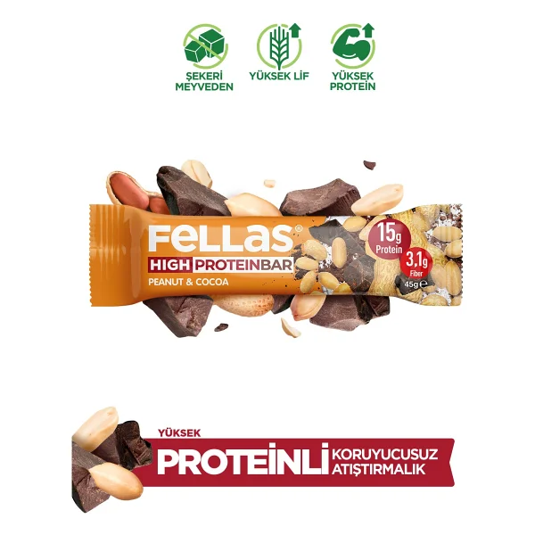 Fellas Yüksek Protein Bar - Yer Fıstıklı Ve Kakaolu (45 G) X 12 Adet - Görsel 7