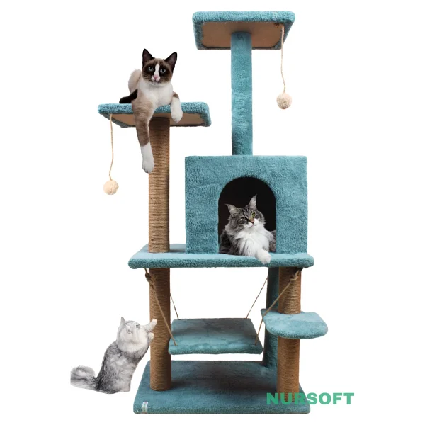 Nursoft Y-01 Gri Salıncaklı Yuvalı Lüx Kedi Tırmalama Oyun Evi - Görsel 9
