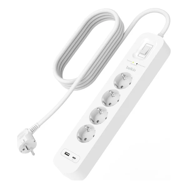 Belkin 4'lü Çoklu Priz, Yüksek Gerilim Korumalı, Duvara Montaj, 4 Priz, 2 M Güç Kablosu, Yeşil Işıklı Gösterge, Hızlı Şarj İçin USB C Pd'li USB-C Ve USB-A Bağlantısı; 525 Jul Koruma - Görsel 5