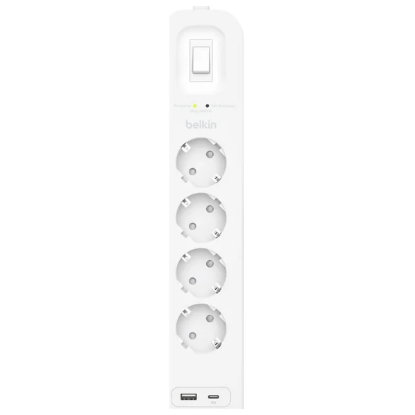 Belkin 4'lü Çoklu Priz, Yüksek Gerilim Korumalı, Duvara Montaj, 4 Priz, 2 M Güç Kablosu, Yeşil Işıklı Gösterge, Hızlı Şarj İçin USB C Pd'li USB-C Ve USB-A Bağlantısı; 525 Jul Koruma - Görsel 3