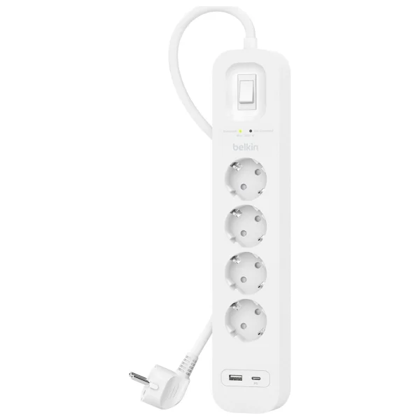 Belkin 4'lü Çoklu Priz, Yüksek Gerilim Korumalı, Duvara Montaj, 4 Priz, 2 M Güç Kablosu, Yeşil Işıklı Gösterge, Hızlı Şarj İçin USB C Pd'li USB-C Ve USB-A Bağlantısı; 525 Jul Koruma - Görsel 4