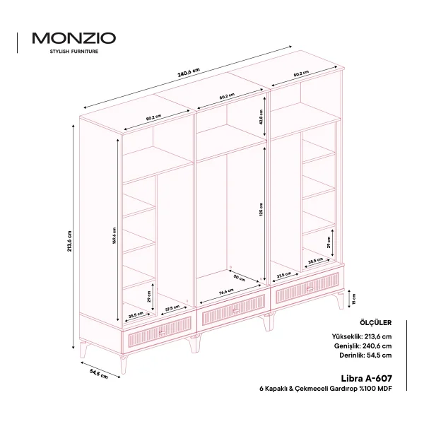 Monzıo Libra 6 Kapaklı Çekmeceli Gardırop %100 Mdf - Görsel 4