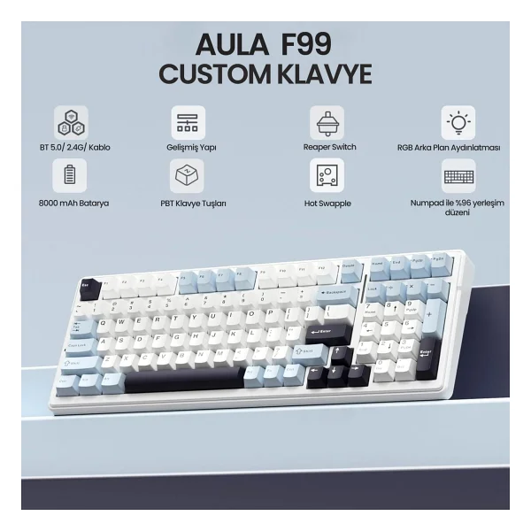 Aula F99 Lacivert RGB Reaper Switch Kablolu/Kablosuz Mekanik Oyuncu Klavyesi - Görsel 3