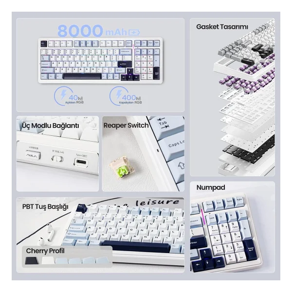 Aula F99 Lacivert RGB Reaper Switch Kablolu/Kablosuz Mekanik Oyuncu Klavyesi - Görsel 4