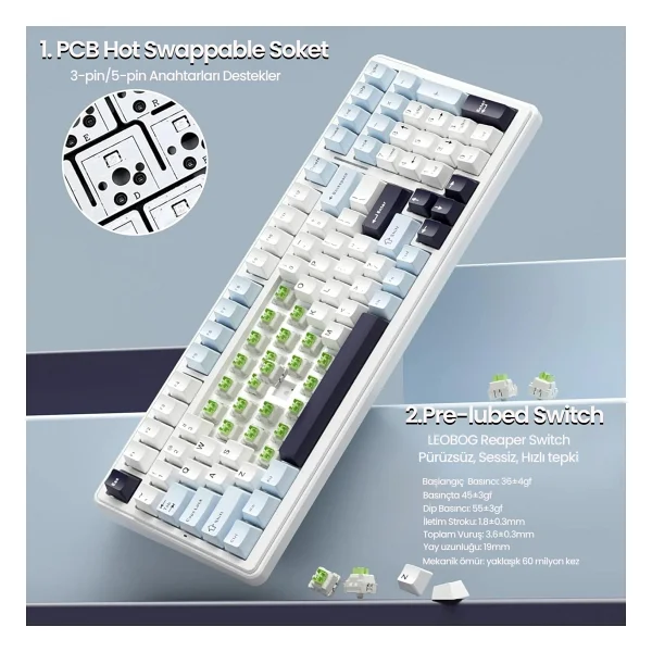Aula F99 Lacivert RGB Reaper Switch Kablolu/Kablosuz Mekanik Oyuncu Klavyesi - Görsel 5