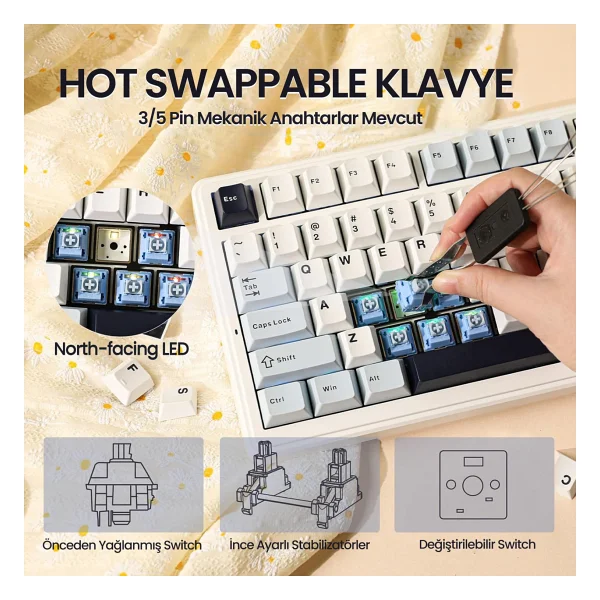 Aula F99 Lacivert RGB Reaper Switch Kablolu/Kablosuz Mekanik Oyuncu Klavyesi - Görsel 6