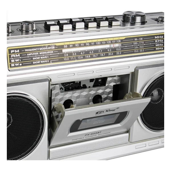 Coverzone Teleskopik Antenli Kaset Çalar Radyo - Am/Fm/Sw1-2 4 Bant, Bluetooth/USB/Tf Mp3 Müzik Çalar, Kayıt Özellikli, Kulaklık Girişli, 220v Veya 6v Pille Çalışma Cvr-555bt (Gri) - Görsel 5